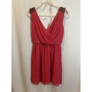 Zara Trafaluc Coral Red/Salmon Pink Chiffon Beaded Cocktail Dress S